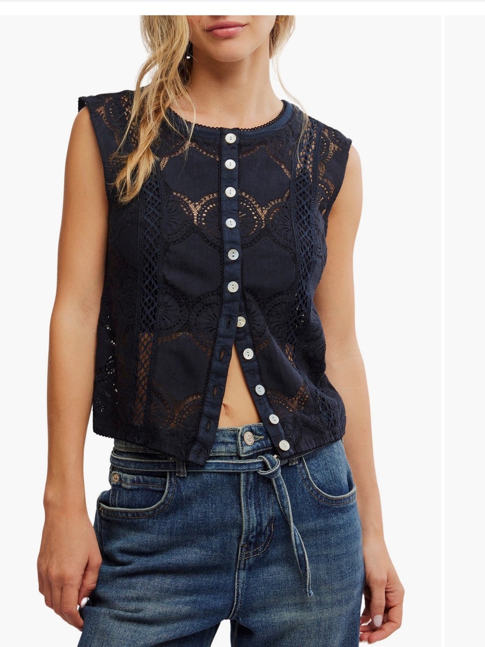 Free people Black sheer Lace Button-Front blouse small